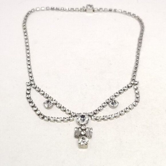 Vintage Rhinestone Collar Necklace, Silver Tone Prong Set, Elegant Classic - Picture 1 of 5